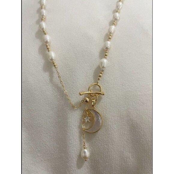 Cultured Pearl Moon Star Charm Necklace OT Buckle White Chain Real Natural - Picture 7 of 10